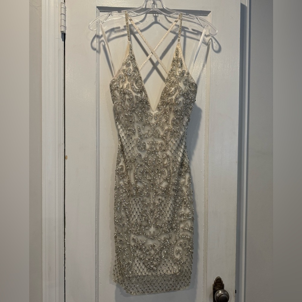 Primavera Couture Champagne Beaded Dress